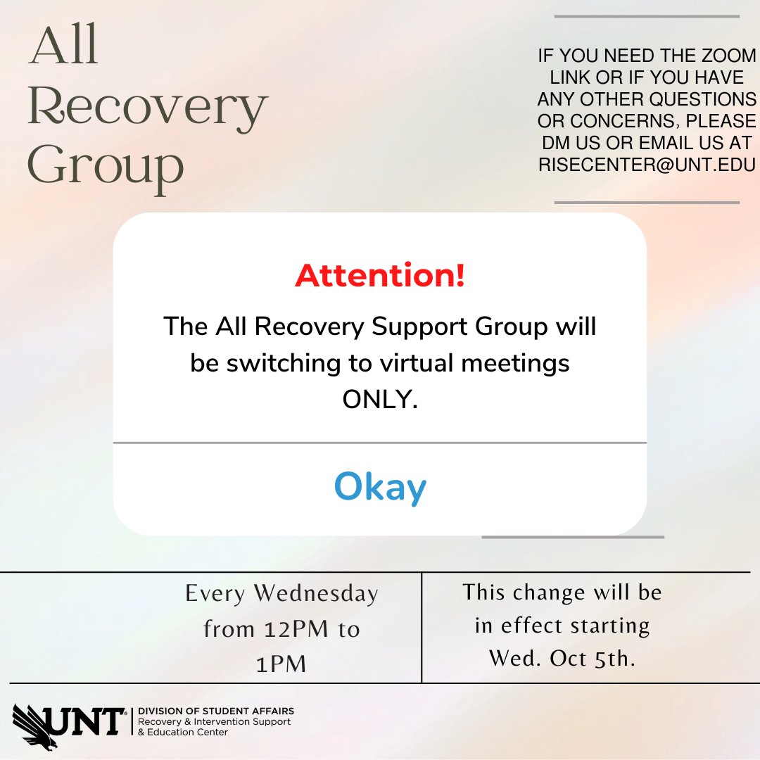 This change will remain for the rest of the Fall semester. All forms of Recovery are welcome to join any meeting at any time! DM for Zoom link if you're interested!