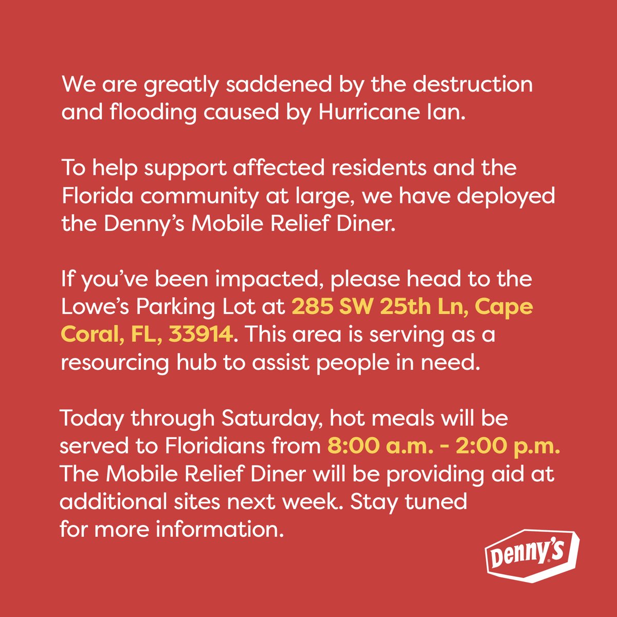 DennysDiner's tweet photo. Our hearts are with the people affected by Hurricane Ian ❤️ https://t.co/FCFxcXQmpF