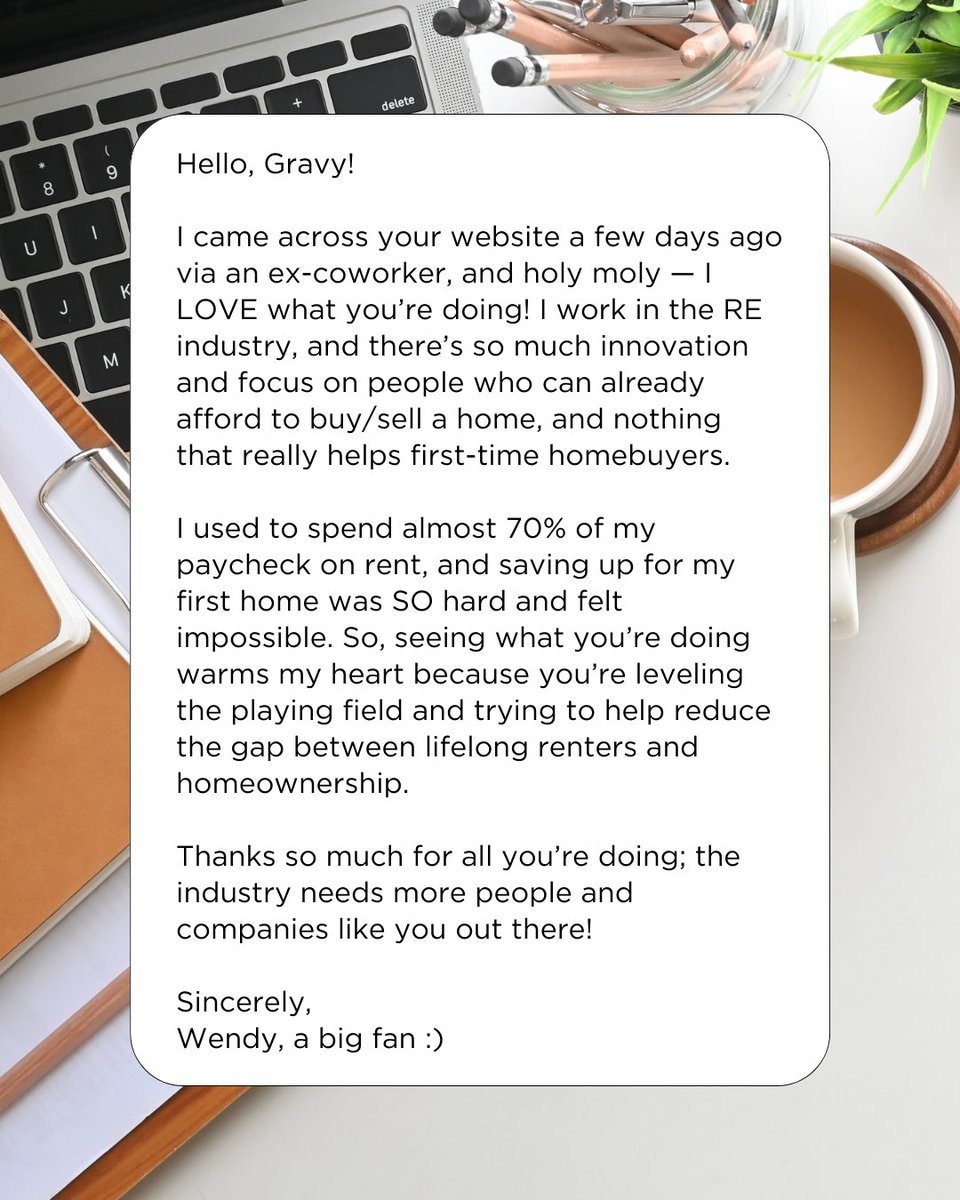 At #Gravy, our mission has always been to make #homeownership more accessible for all - to open the door to 40x wealth creation for as many aspiring homeowners as we can. While we don’t think it’s something that’ll be solved overnight, we are here to try. Thanks, Wendy! 💜