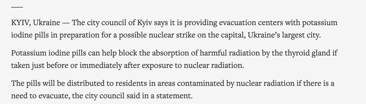 #ÚltimaHora El gobierno Kiev ha instado a la población a prepararse para un eventual ataque nuclear en la ciudad. Ha comenzado a instalar refugios y a repartir cápsulas de yodo de potasio.

Ésto no significa que se tenga conocimiento de posible ataque, es solo medida preventiva.