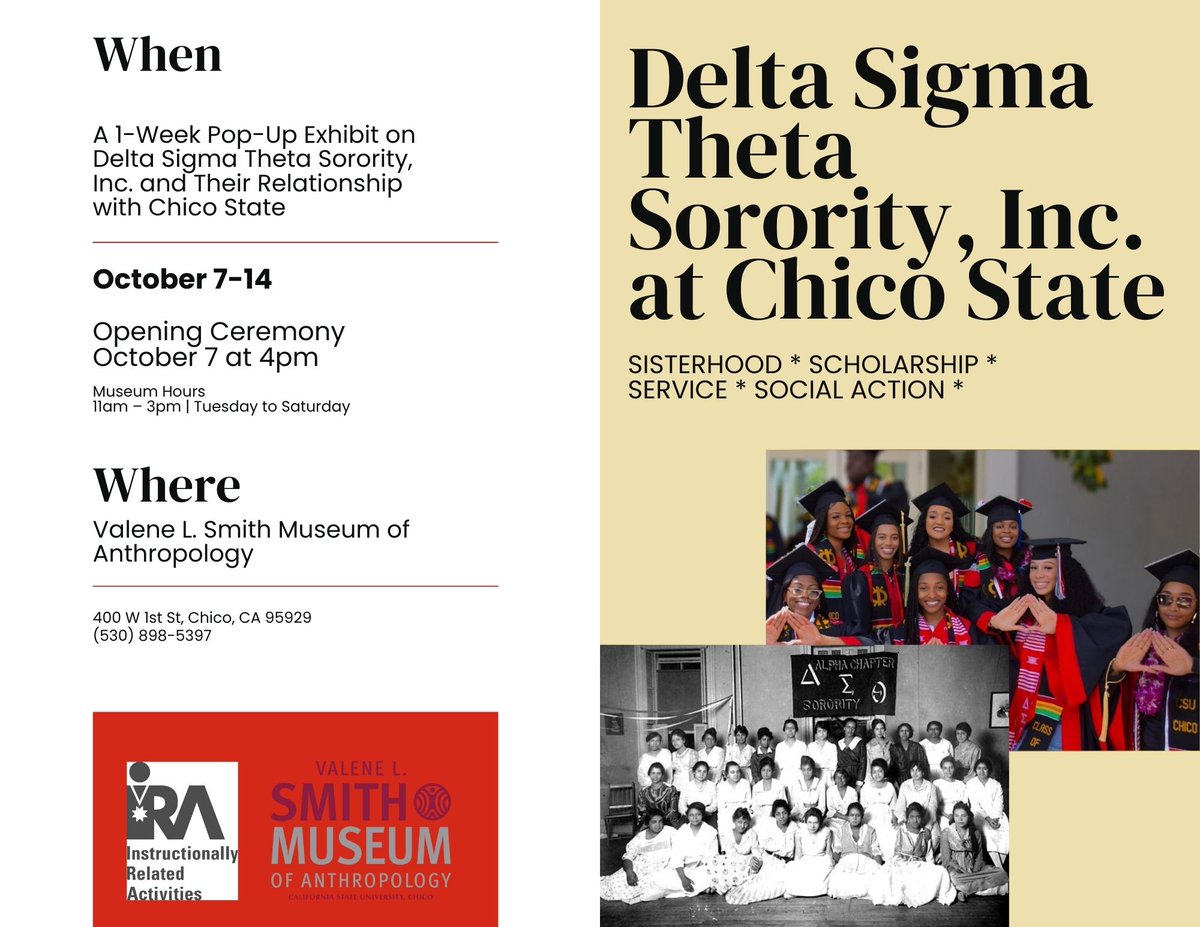 VLSAnthroMuseum's tweet photo. You’re Invited! October 7 the museum is opening a one-week pop-up exhibit on Delta Sigma Theta Sorority, Inc. Stop by and be inspired by the Sorority’s history and the impact they are making on the Chico community!

The pop-up will open with a reception at 4 pm on October 7th! https://t.co/bc7ZOh7TuM