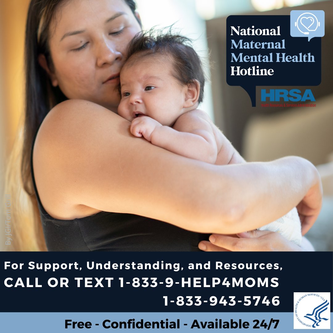 HRSAgov's tweet photo. The National Maternal Mental Health Hotline is available in English, Spanish &amp; 60 languages on request. Our counselors provide 24-hour, free support, resources and referrals to moms who need it. Call or text, 1-833-9-HELP4MOMS (1-833-943-5746). #Help4Moms  https://t.co/OUlsw9JQxk https://t.co/x7WOrwD0HX