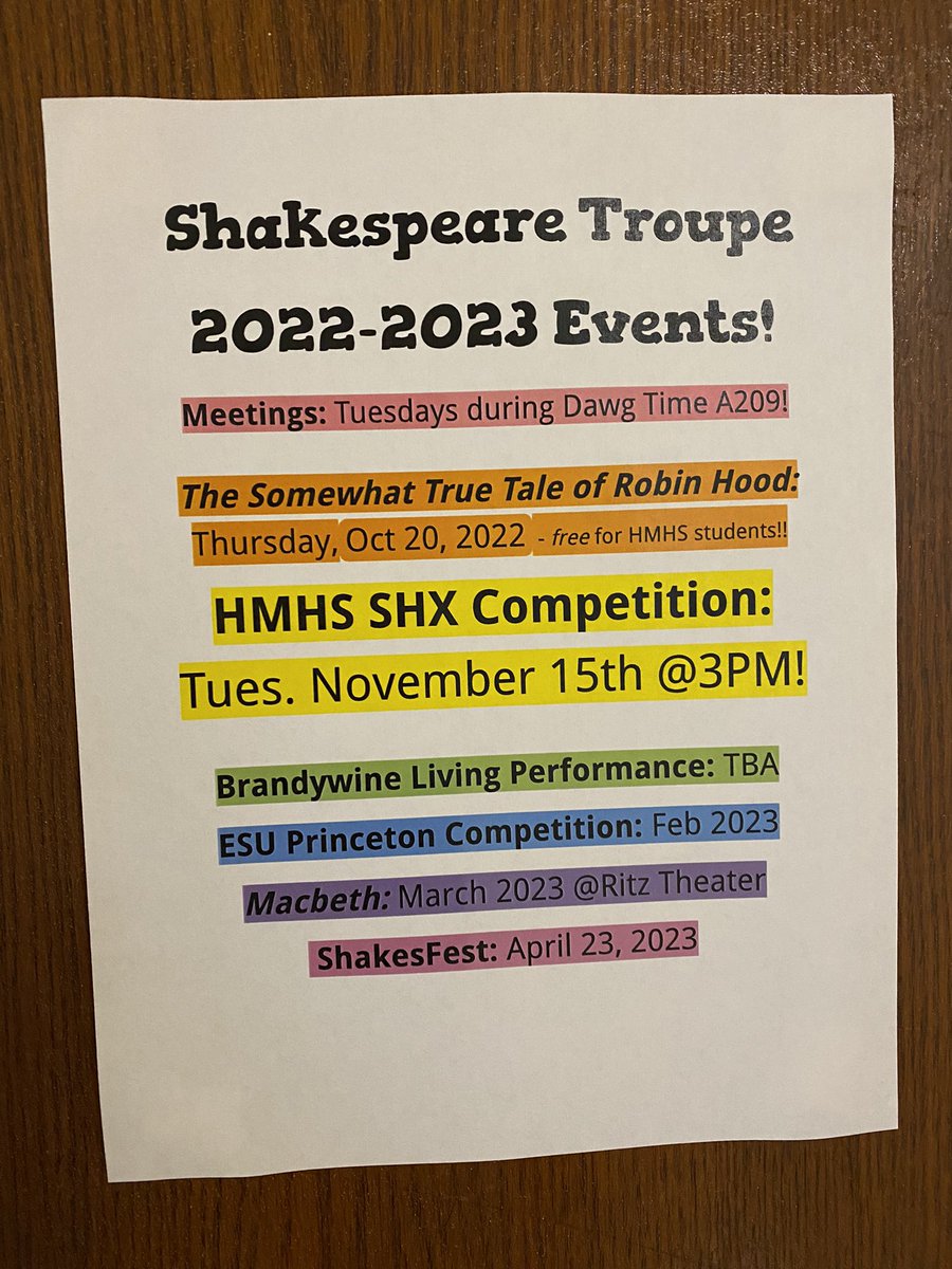 SHAKESPEOPLE UNITE! Our next Shakespeare Troupe meeting will be next Tuesday, 10/11 in A209 to prep for the Shakespeare Competition. We are also VERY excited for our first club outing — <a href="/HMHSDrama/">HMHS Drama Club</a>’s The Somewhat True Tale of Robin Hood!! Merry times ahead!!