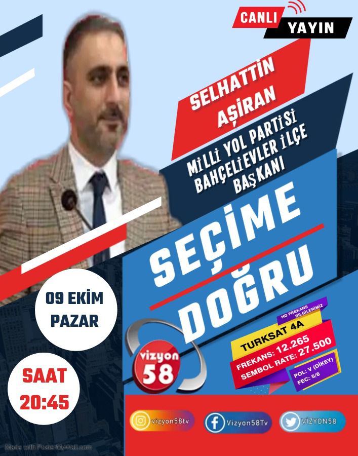Milli Yol Partisi Bahçelievler İlçe Başkanımız <a href="/SelhattinAsiran/">Selhattin Aşiran</a> #vizyon58 ekranlarında 9 Ekim Pazar günü saat 20.45'te seyirciler ile buluşacak. Bütün gönüldaşlarımızı ekran başına bekliyoruz. #milliyolpartisi #milliyol #milliyolbahçelievler #i̇stanbul