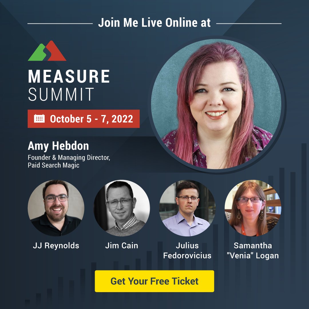 Seriously looking forward to year's MeasureSummit, and excited to be on the same (virtual) stage with <a href="/SimoAhava/">Simo Ahava</a> <a href="/kristaseiden/">Krista Seiden</a> <a href="/CharlesFarina/">Charles Farina</a>….Hear me talk about Create persuasive data stories with Google Data Studio  - Get your Free Ticket  bit.ly/msresummit