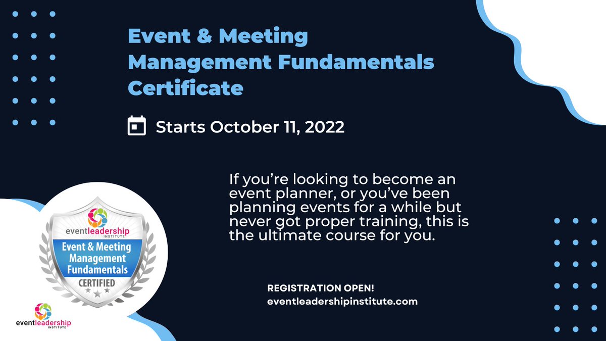 PCMAInstitute's tweet image. Earn 36 CMP hours in this online course starting next week! 
Learn more &amp;amp; register here: eventleadershipinstitute.com/courses/certif…
#eventprofs #eventleader #eventprofessionals #meetingplanners #meetingpros #professionaldevelopmentcourses #beginnercourse #neweventplanner #fundamentalskills