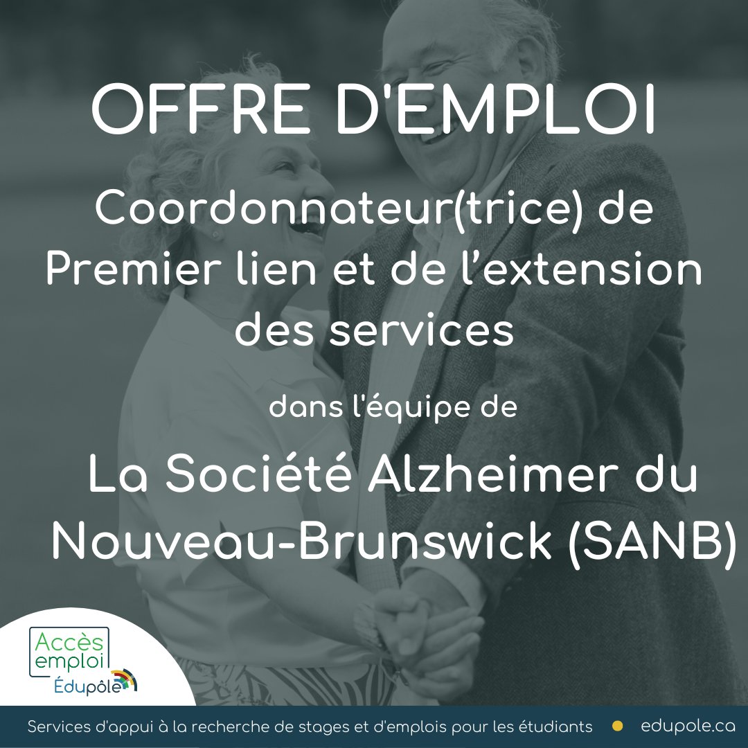 [Offre d'emploi]
Coordonnateur(trice) de Premier lien et de l’extension des services
La Société Alzheimer du Nouveau-Brunswick (SANB), Edmundston
Plus d'informations et postuler:  bit.ly/3STno18