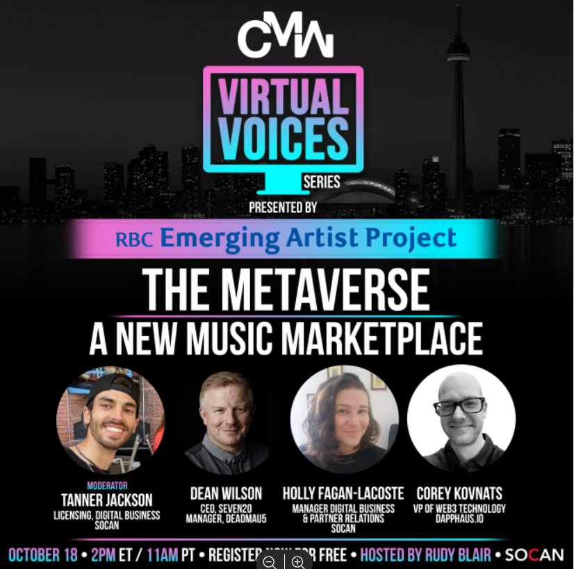 Want to learn more about music in The Metaverse? Join the next chat in the @CMW_Week Virtual Voices Series ow.ly/JsHz50L1mX0