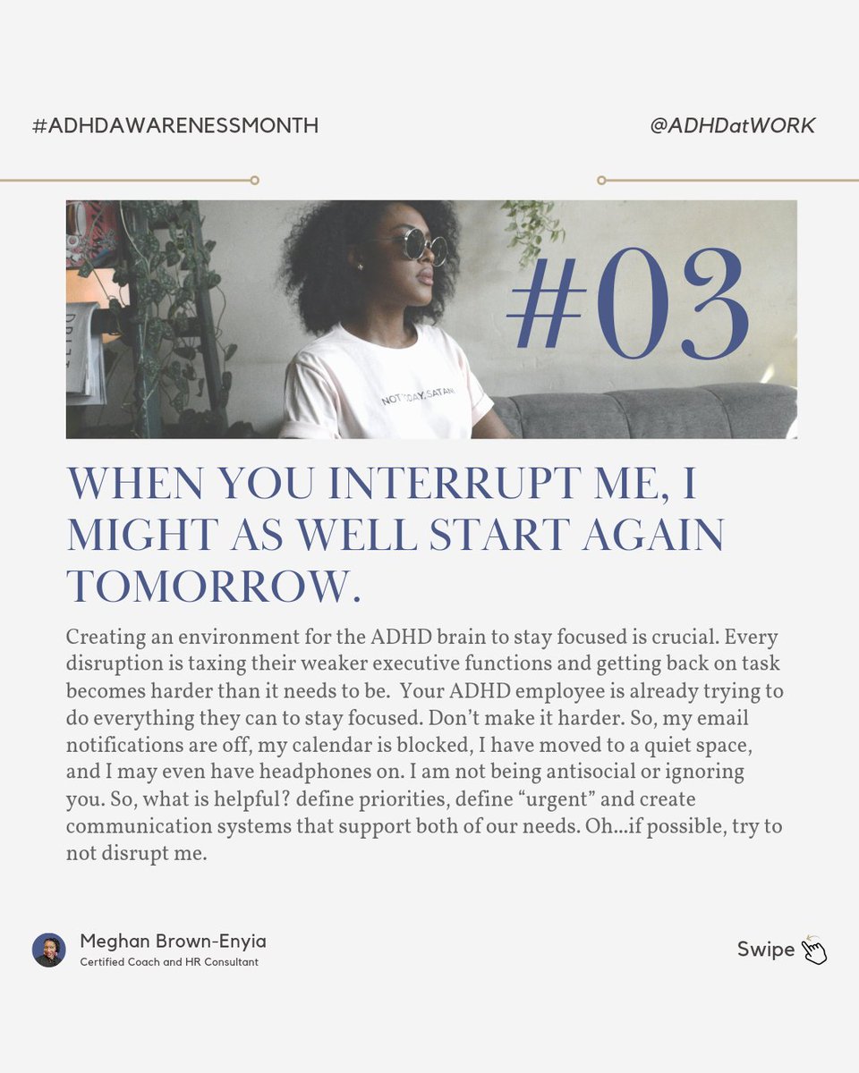 adhdatwork's tweet photo. 4 things I wish Employers knew about #ADHD. 3. When you interrupt me, I might as well start again tomorrow #adhdawarenessmonth #adhdatwork #adhdtwitter #askadhd #inclusiveworkenvironments #DEI https://t.co/7hVS97ewhN
