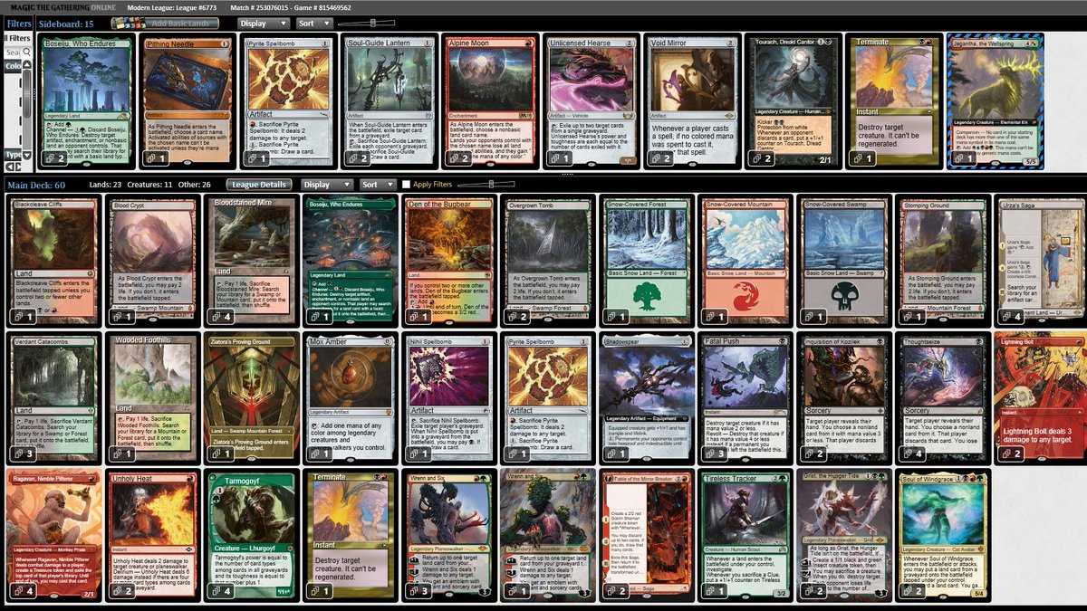 Symo66's tweet photo. just 5-0'd with this 75, decks looks great 
Ub shadow 2-1
5c rhino 2-0
Jund saga 2-1
Ur murktid 2-0
Grixis mid 2-0
Overall record 13-2 (lost both by creativity) https://t.co/h9XKAPxesu