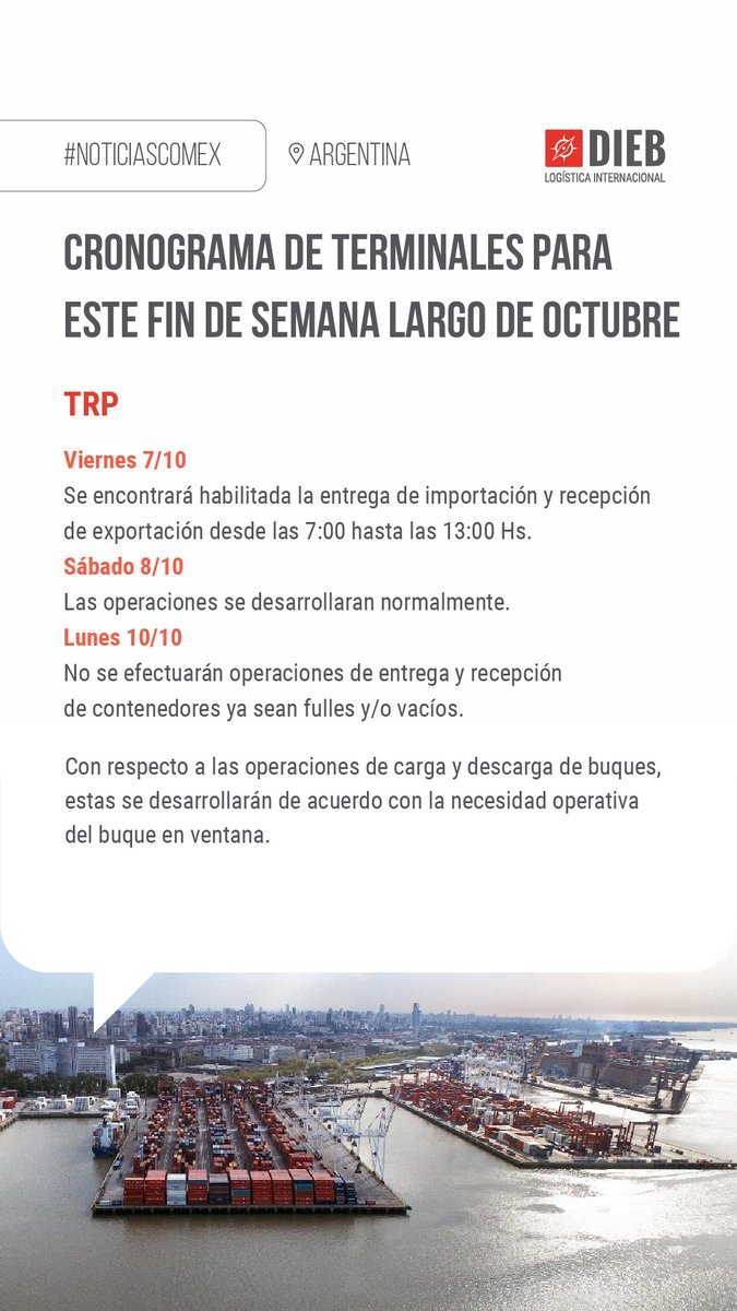 logisticadieb's tweet photo. #NoticiasComEx // Les compartimos el cronograma de Terminales de Buenos Aires para este fin de semana largo del 7 al 10 de octubre 👉 #BuenosAiresPorts #BuenosAiresTerminals #ArgentinaPorts https://t.co/KmNX9Ez4KF