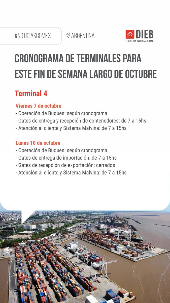 logisticadieb's tweet photo. #NoticiasComEx // Les compartimos el cronograma de Terminales de Buenos Aires para este fin de semana largo del 7 al 10 de octubre 👉 #BuenosAiresPorts #BuenosAiresTerminals #ArgentinaPorts https://t.co/KmNX9Ez4KF