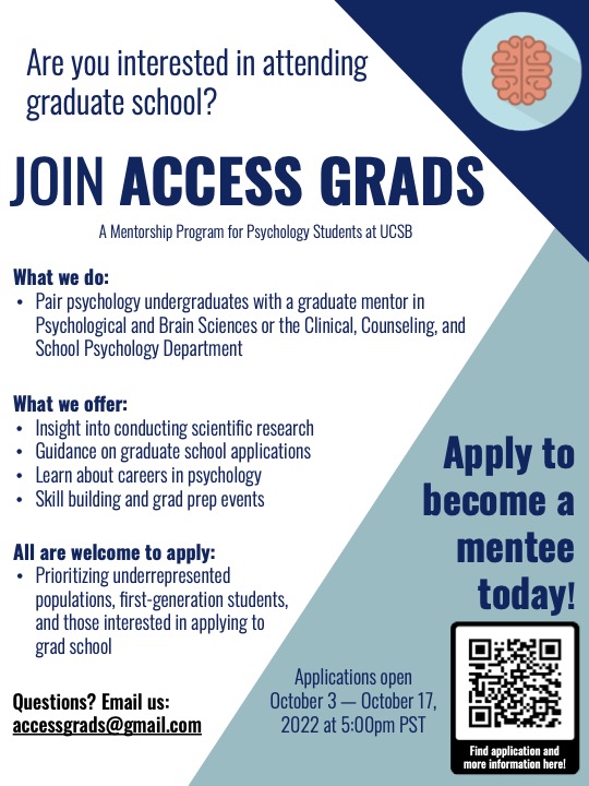 murataelle's tweet photo. Attn @ucsantabarbara /@UCSBpsych undergrads: if you would like to receive mentorship on getting involved in research &amp; applying to grad school, consider Access Grads!! Applications are now live... https://t.co/HhwTrNWw2z