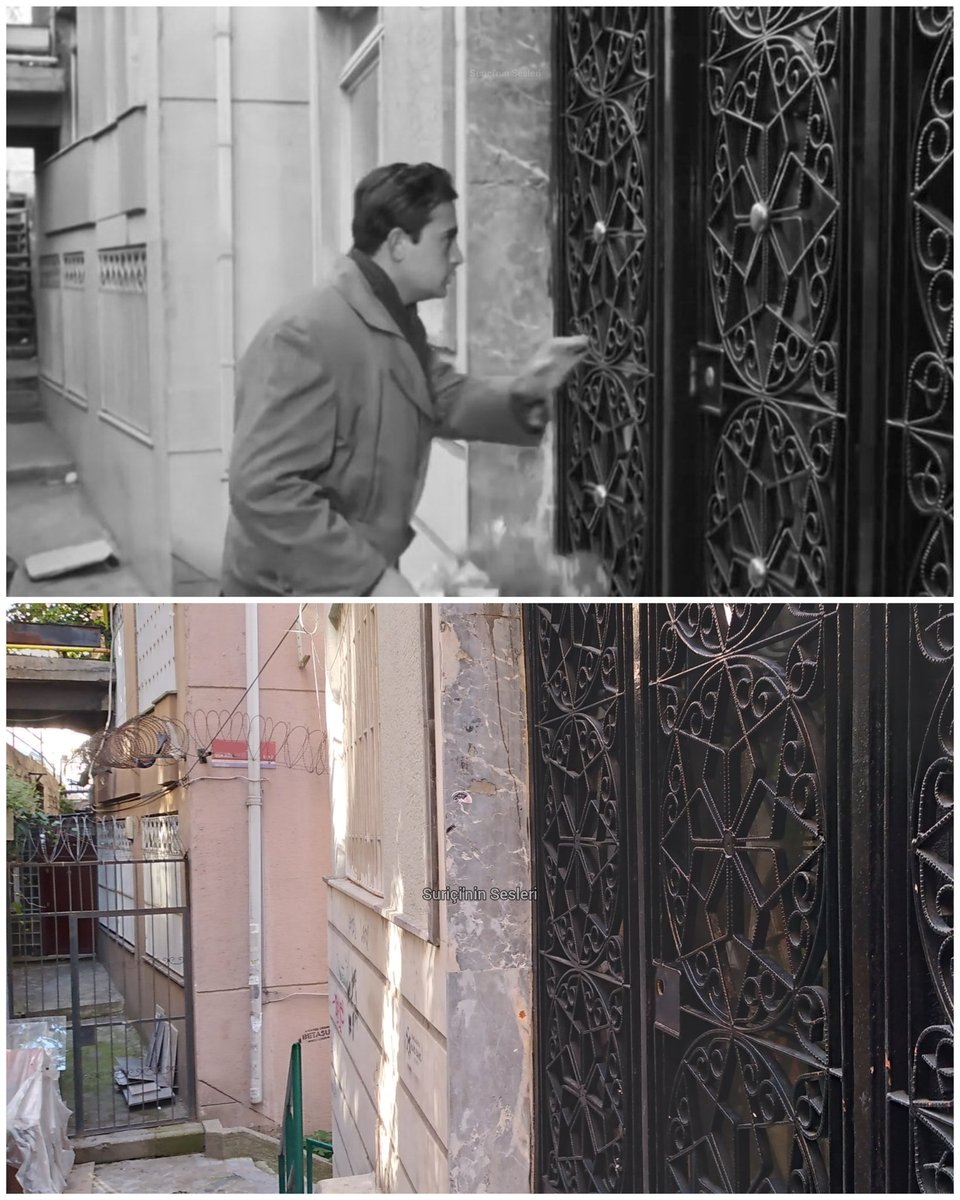 Gurbet Kuşları'ndaki (1964) ferforje kapının günümüzde de var olması gülümsetti. Burası Cihangir. Diğer görsellerdeki sokak dokusundan bu apartmanın nerede olduğunu civarı az çok tanıyan çoğu kişi anlayacaktır. 
x.com/matruskaninhic…