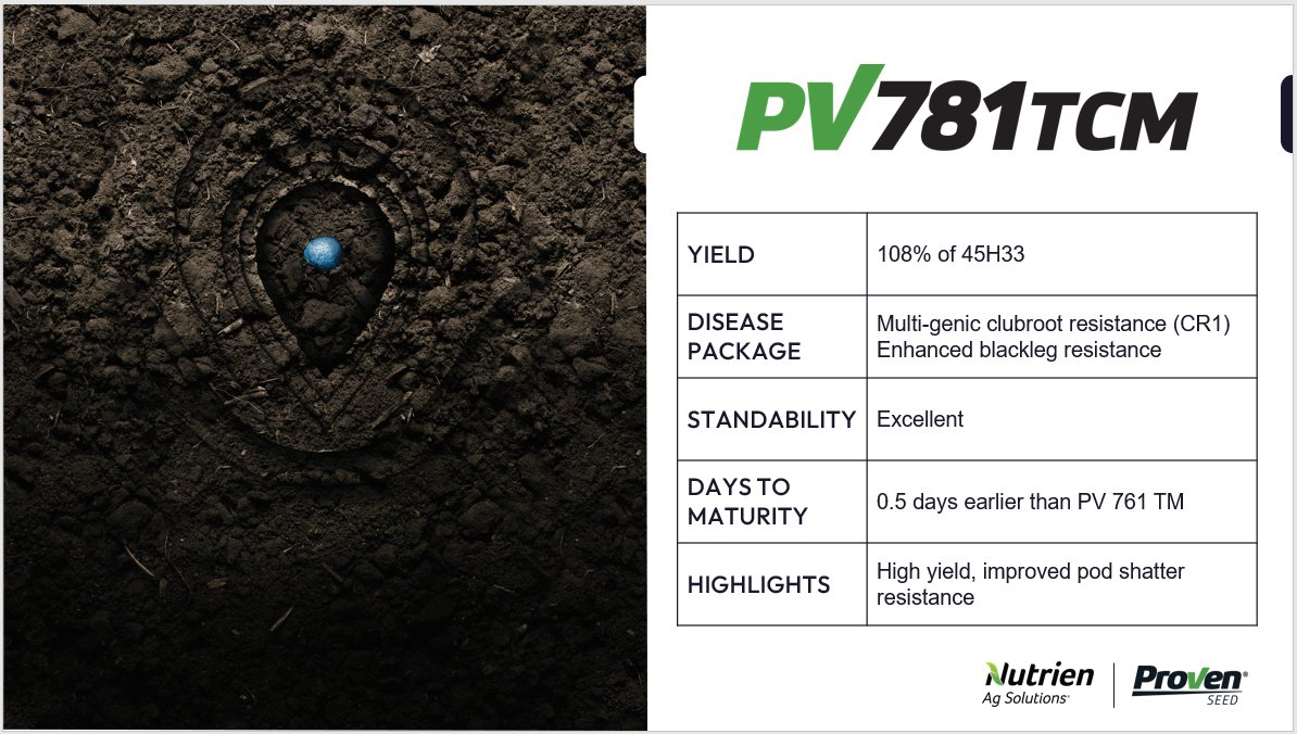 New for 2023! PV 781 TCM is an exciting new TruFlex canola hybrid with excellent yield, early maturity, clubroot resistance, and excellent standability. Did we mention it's a harvest management hybrid? Available only at <a href="/NutrienAgCDA/">Nutrien Ag Solutions Canada</a> retails. #plant23