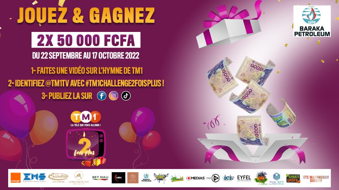 100 000 F CFA À GAGNER!! 
A l'occasion de son 2ème anniversaire, TM1 TV , vous offre deux fois plus de lots! 
Tentez de gagner 2 fois 50 000 F CFA offerts par notre partenaire Baraka Petroleum! 
Ca vous tente? postez vos meilleures videos!!!
#tm1challenge
#tm1challenge2foisplus