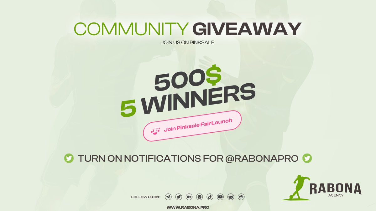 #GiveawayAlert for our #community on #BSC 

Turn on notifications 🔔

Follow  <a href="/RabonaPro/">Rabona Pro Football</a>

Like , RT , Comment Proof👇

Join TG : t.me/RabonaPro

#PINKSALE #Fairlaunch #BNB