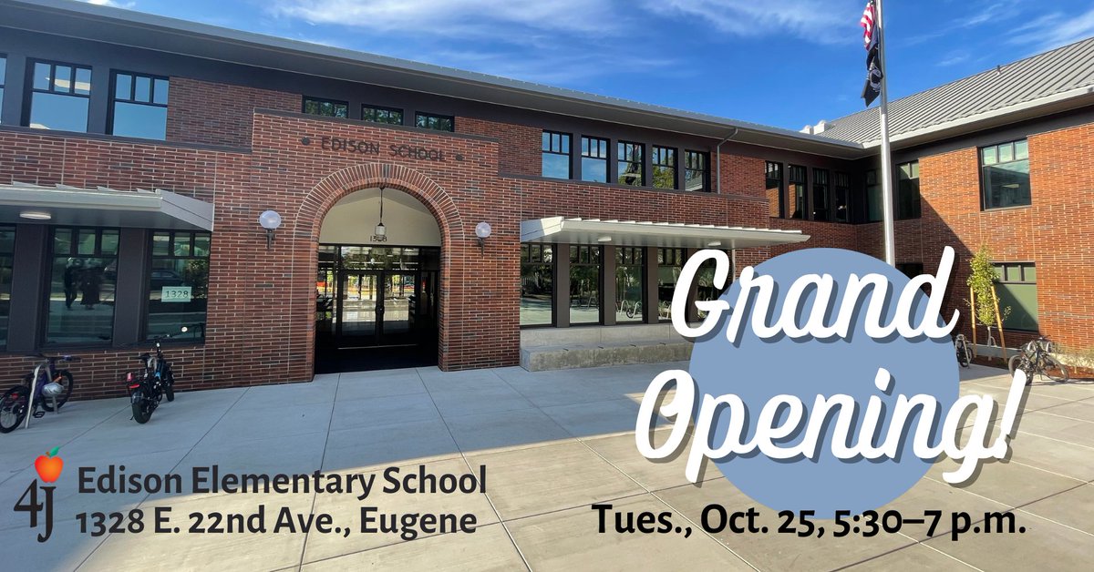 👏🏾We can’t thank you enough, but we can thank you again! Please join us to celebrate the grand opening of the new Edison Elementary School building, 1328 E. 22nd Ave., Eugene. Tuesday, Oct. 25, 5:30–7 p.m. Learn more: 4j.lane.edu/grand-opening-…