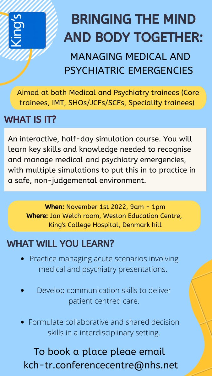King’s College Hospital PGMDE (@kingsmeded) on Twitter photo New simulation course. Bringing the mind and body together - managing medical and psychiatric emergencies
A FREE interactive half-day simulation for medical and psychiatry trainees.
1/11/2022 0900-1300 <a href="/KingsCollegeNHS/">King's College NHS</a> supported by @NHS_HealthEdEng #MedEd #Simulation
Apply 👇 New simulation course. Bringing the mind and body together - managing medical and psychiatric emergencies
A FREE interactive half-day simulation for medical and psychiatry trainees.
1/11/2022 0900-1300 <a href="/KingsCollegeNHS/">King's College NHS</a> supported by @NHS_HealthEdEng #MedEd #Simulation
Apply 👇