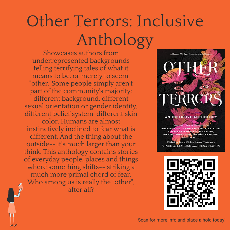 OLLUlibrary's tweet photo. To Be Read Tuesdays ARE BACK for Fall 2022! 🍂
This month's theme is Spooky Stories!  
Swing by the Library and check out Other Terrors: an Inclusive Anthology edited by @VinceLiaguno  and @RenaMason88  today!

@OLLUnivSATX @ollualumni @ollu_alliance @ollumcnair @ollu_eng_dept https://t.co/KzUJs4ZSED