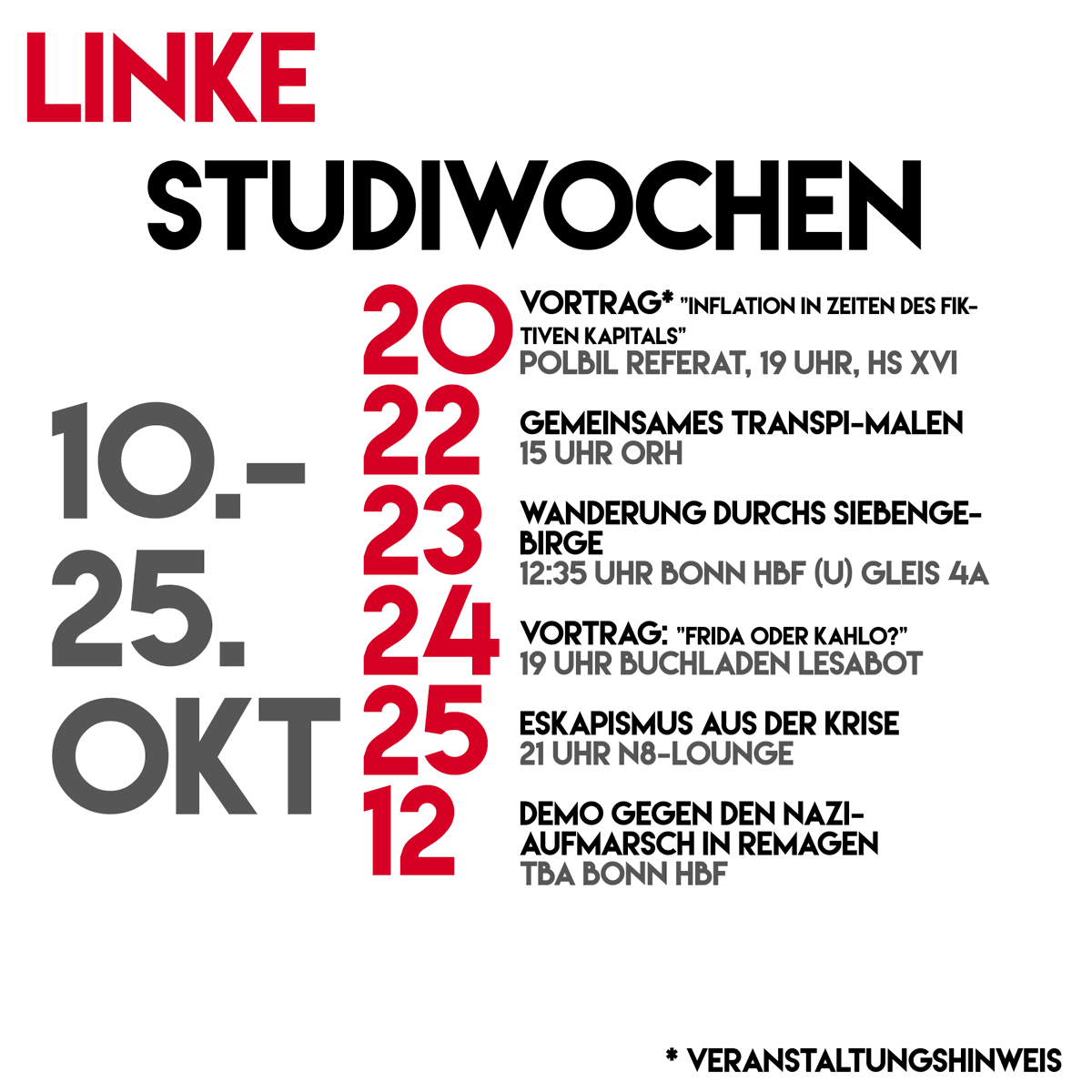 lswbonn's tweet photo. Die Linken Studiwochen zum Semesterstart in Bonn gehen 2022 in ihre sechste Auflage!

Das gesamte Programm findet ihr auch  im LinkTree:
https://t.co/ZfzZm5EqAd https://t.co/7B2LiFH68T