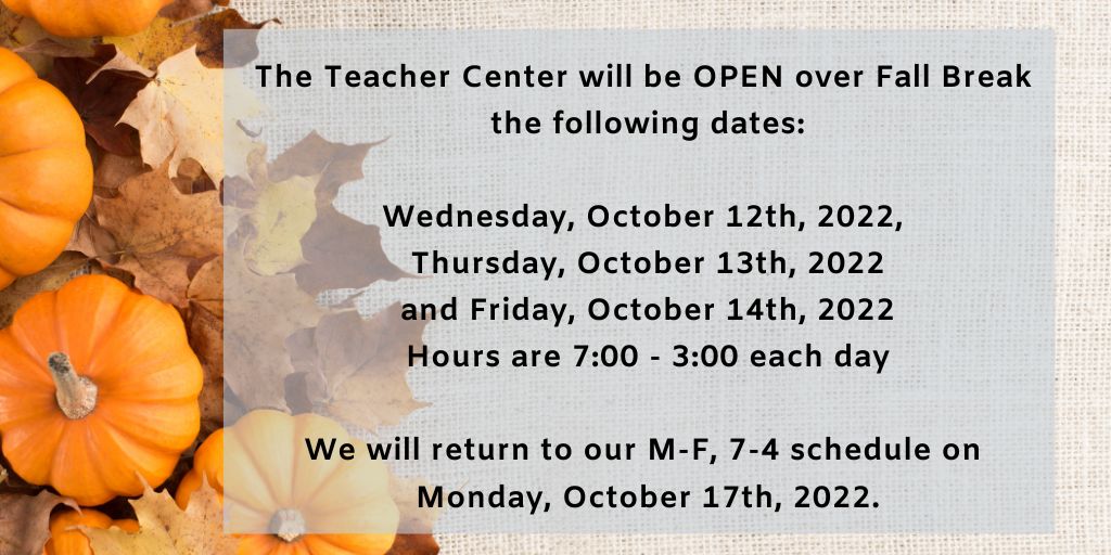 RCSTNTC's tweet photo. Fall Break is almost here! The Teacher Center will be OPEN Wednesday - Friday. #wearercstn @RobCoSchools https://t.co/xMPv5FZlRG
