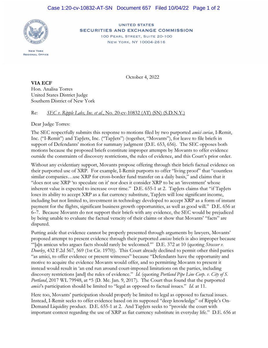 FilanLaw's tweet photo. #XRPCommunity #SECGov v. #Ripple #XRP The SEC opposes the I-Remit and TapJets motions to file amicus briefs, claiming the proposed briefs are improper attempts to offer evidence outside the constraints of discovery restrictions, the rules of evidence and this Court's prior order. https://t.co/zbNQ1IsoOE