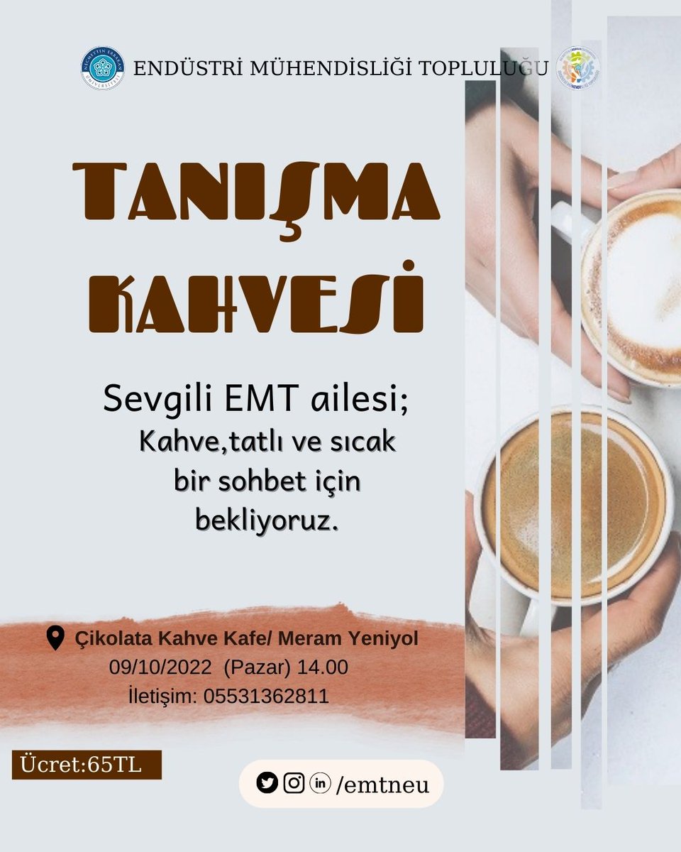 emtneu's tweet photo. Sevgili EMT ailesi; her sene bölüm başkanımız Mehmet Aktan hocamızın katılımıyla gerçekleştirdiğimiz, sizler için düzenlediğimiz tanışma etkinliğini bu yıl da gerçekleştireceğiz. Sizleri aramızda görmekten mutluluk duyarız ✨ 
📍: Çikolata kahve cafe
🗓: 09.10.2022
⏱: 14.00 https://t.co/F19x4pve99