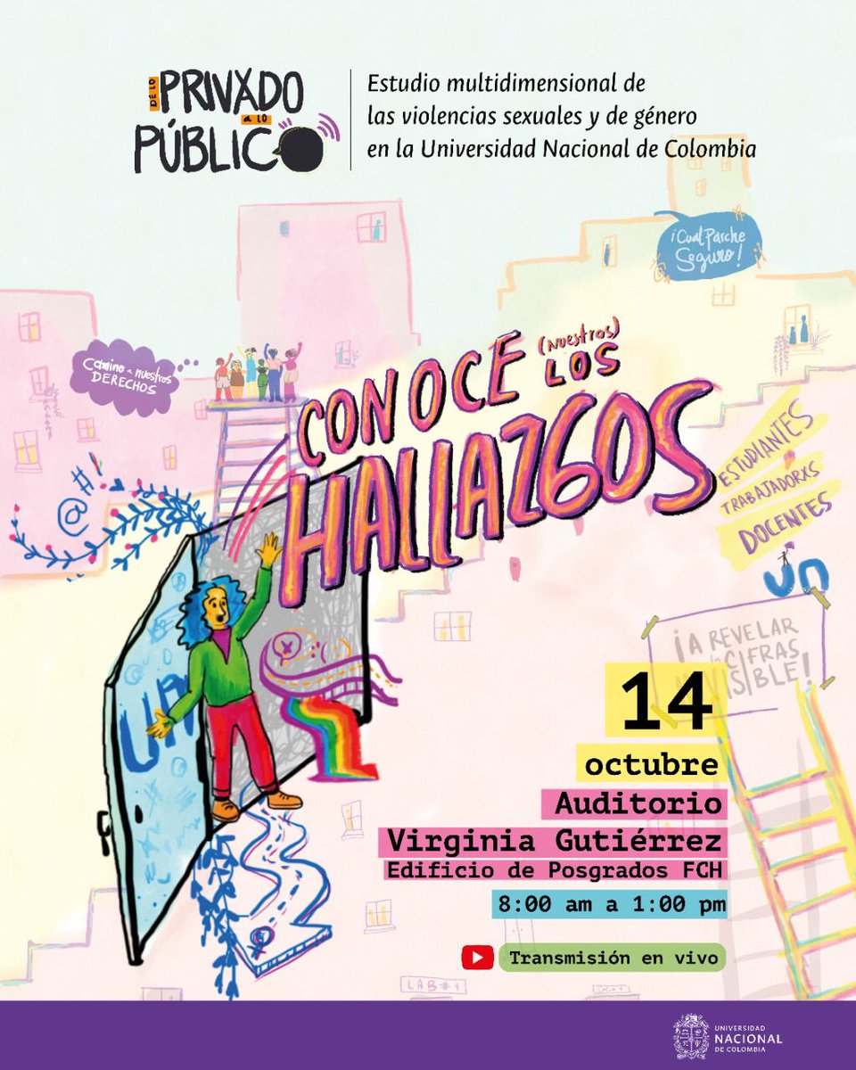 ¡De lo Privado a lo Público!

Los invitamos a participar del Estudio multidimensional de las violencias sexuales y de género en la <a href="/UNALOficial/">Universidad Nacional de Colombia</a>

📆 14 de octubre
🕗 8am - 1pm
🏤 Auditorio Virginia Vallejo del edificio de Posgrados.