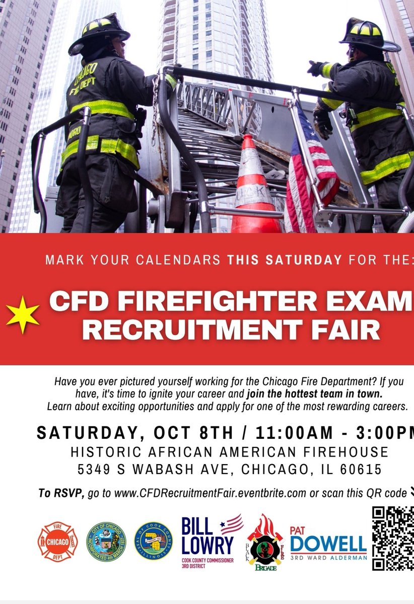HoltNance's tweet photo. Please join the Chicago Fire Department Saturday for this important recruitment event!
#firefighterEMT
#yourdreamourteam https://t.co/xkWSxRD2Zl