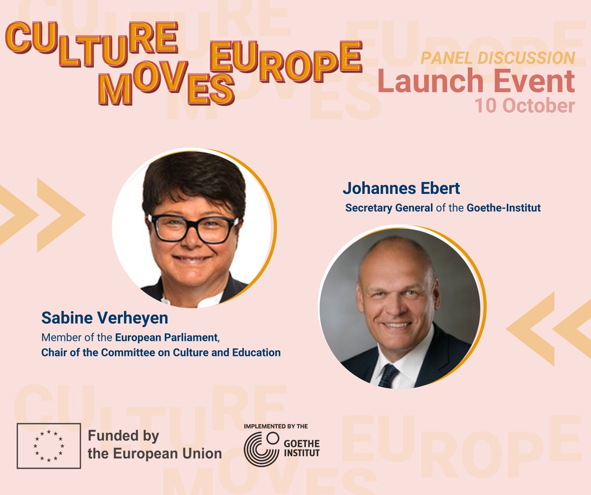 CultureMovesEU's tweet photo. Sabine Verheyen and Johannes Ebert will join #CultureMovesEurope launch event to discuss the opportunities brought by this new mobility scheme.

🗓 Don’t forget to register, 
and join us as well on the 10 October
➡️ //lnkd.in/dKf48pX4

#culture #arts #mobility #creativecareers https://t.co/bVZF7CaIol