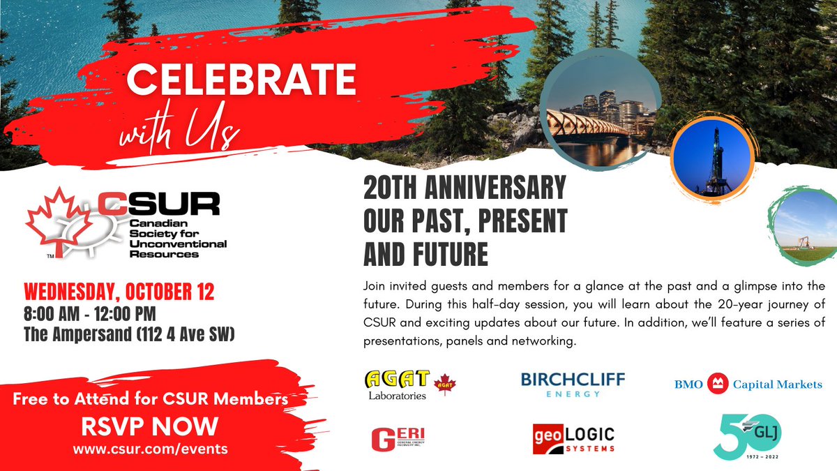 CSEEyyc's tweet image. Welcoming Birchcliff and @GLJPC to the party! 

Don't miss our 20th anniversary. REGISTER TODAY at csur.com/events/#id=102…

Thank you @AGATLabs, @BMO Capital Markets, @geoLOGICsystems, @GLJPC, General Energy Recovery Inc and Birchcliff for sponsoring this event.
