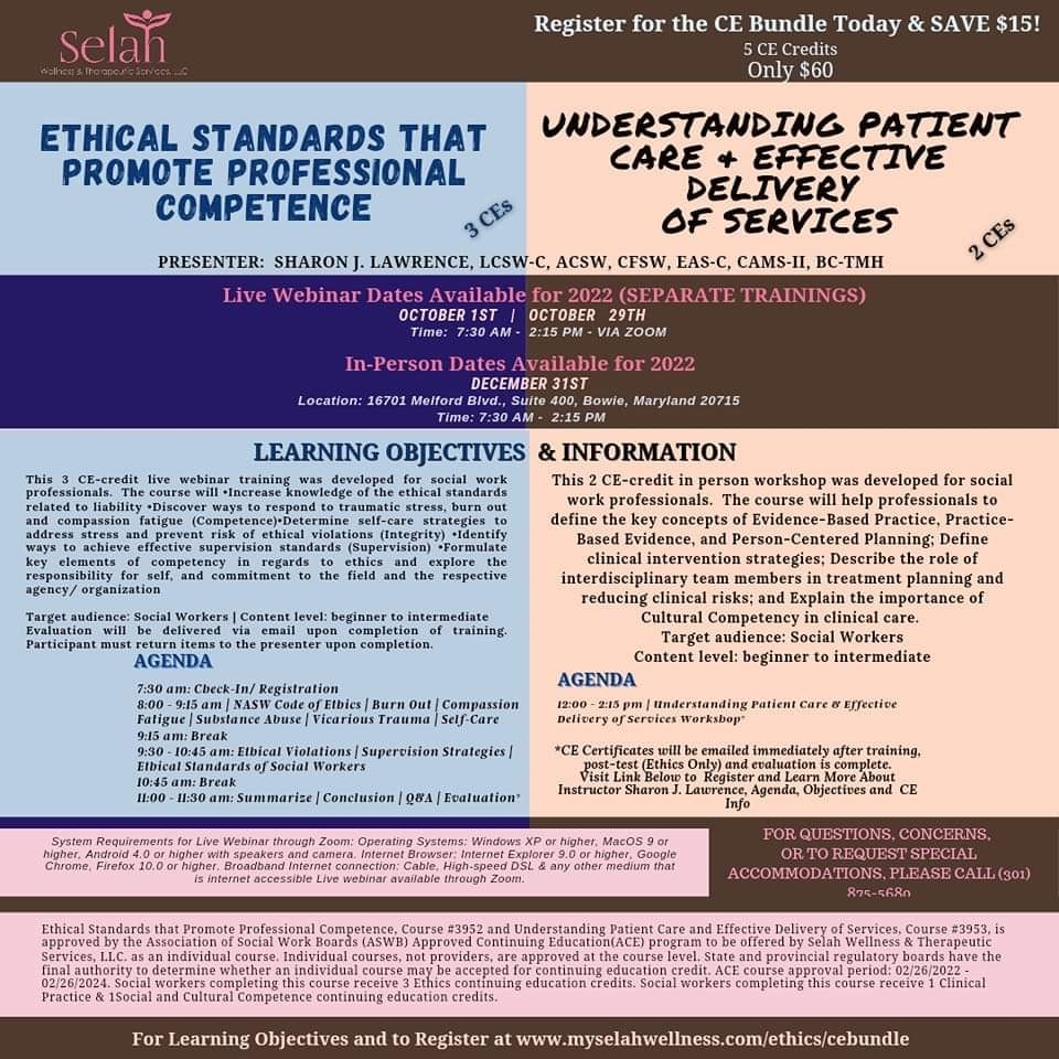 MySelahWellness's tweet photo. 📣📣TWO TRAININGS IN ONE DAY BUNDLE (OCTOBER 29TH)!

🎯 ETHICAL STANDARDS THAT PROMOTE PROFESSIONAL COMPETENCE | 🎯UNDERSTANDING PATIENT CARE AND EFFECTIVE DELIVERY OF SERVICES

Next Training Date: October 29, 2022

👩🏾‍💻Register at https://t.co/ps2ZpUlcUy https://t.co/FvGcvayqZ3