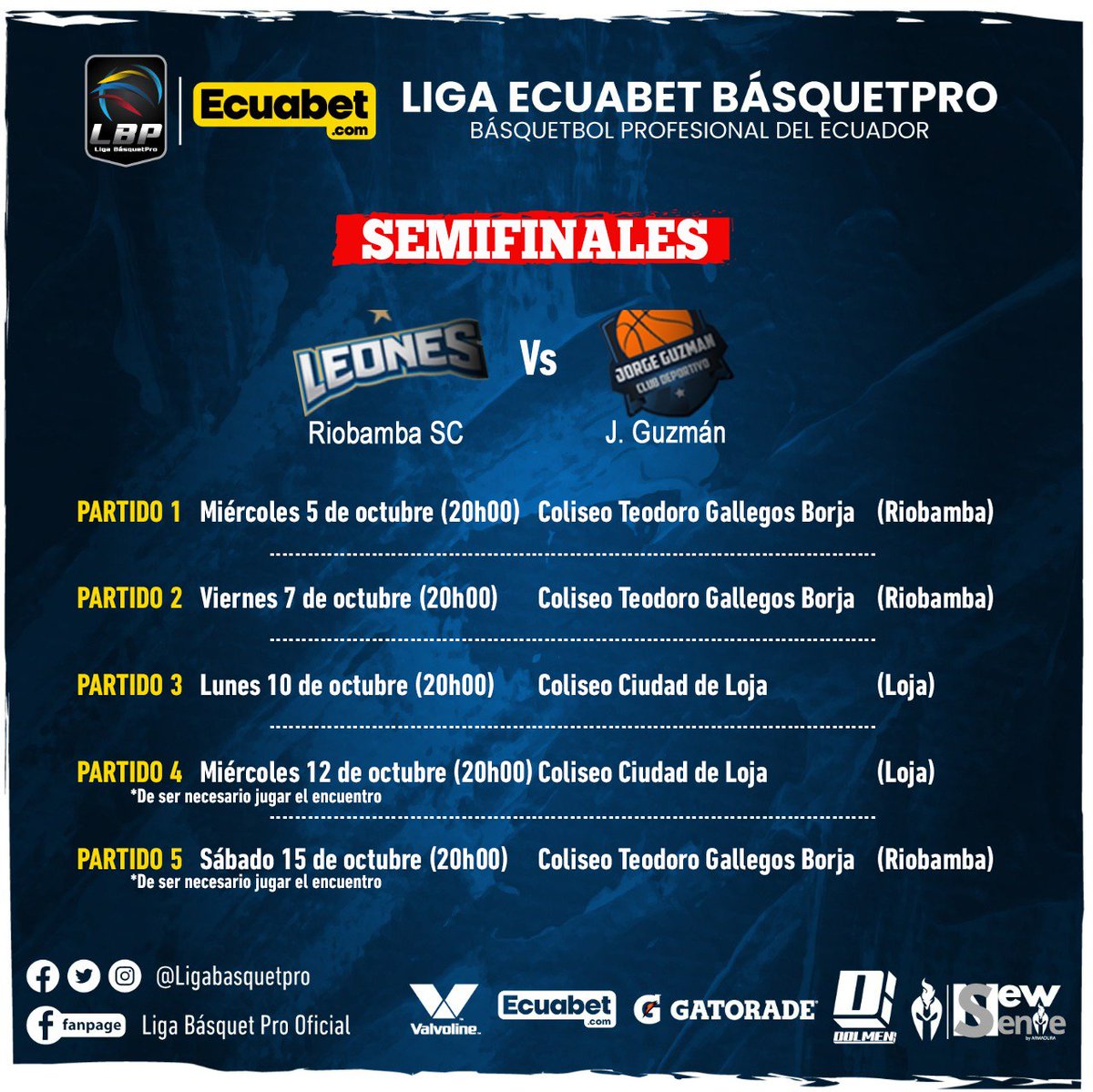 LigaBasquetpro's tweet photo. Horarios y ciudades de los partidos de Semifinales de la Liga Ecuabet BásquetPro. @EcuabetOficial @gatoradeecuador @ValvolineEC @Gamavisionecu @dolmenecuador @newsense.ec https://t.co/FM7254phQY