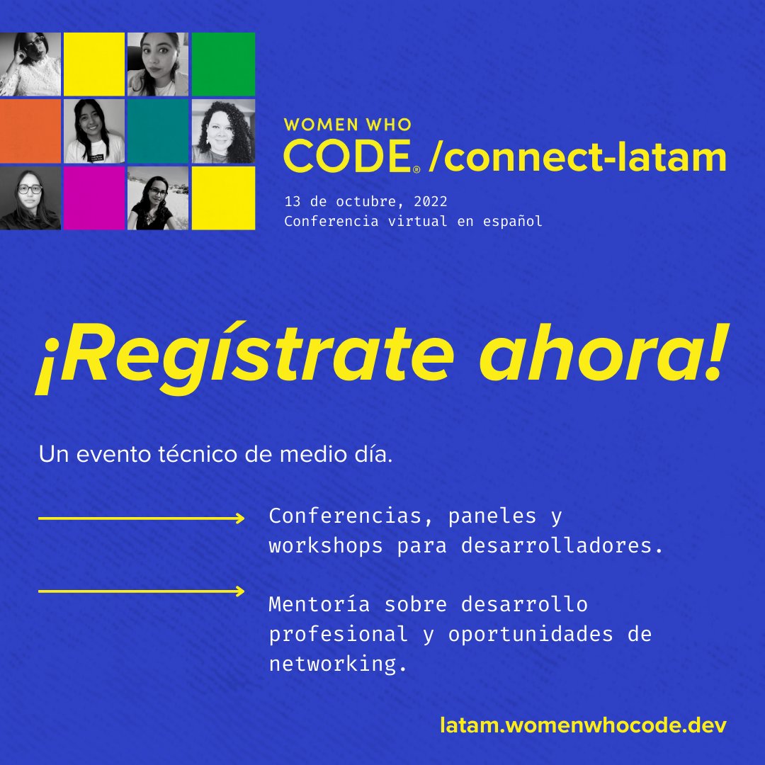 wwcodecostarica's tweet photo. 🔥 ¡Faltan menos de dos semanas! Únete a CONNECT LATAM, un evento de charlas, talleres y paneles técnicos y de carrera. ¡Conoce a profesionales en tecnología de todo el mundo! Regístrate ahora: https://t.co/EBZ68ZXnGy #connect-latam #wwcode https://t.co/Ad9eyQcOD5