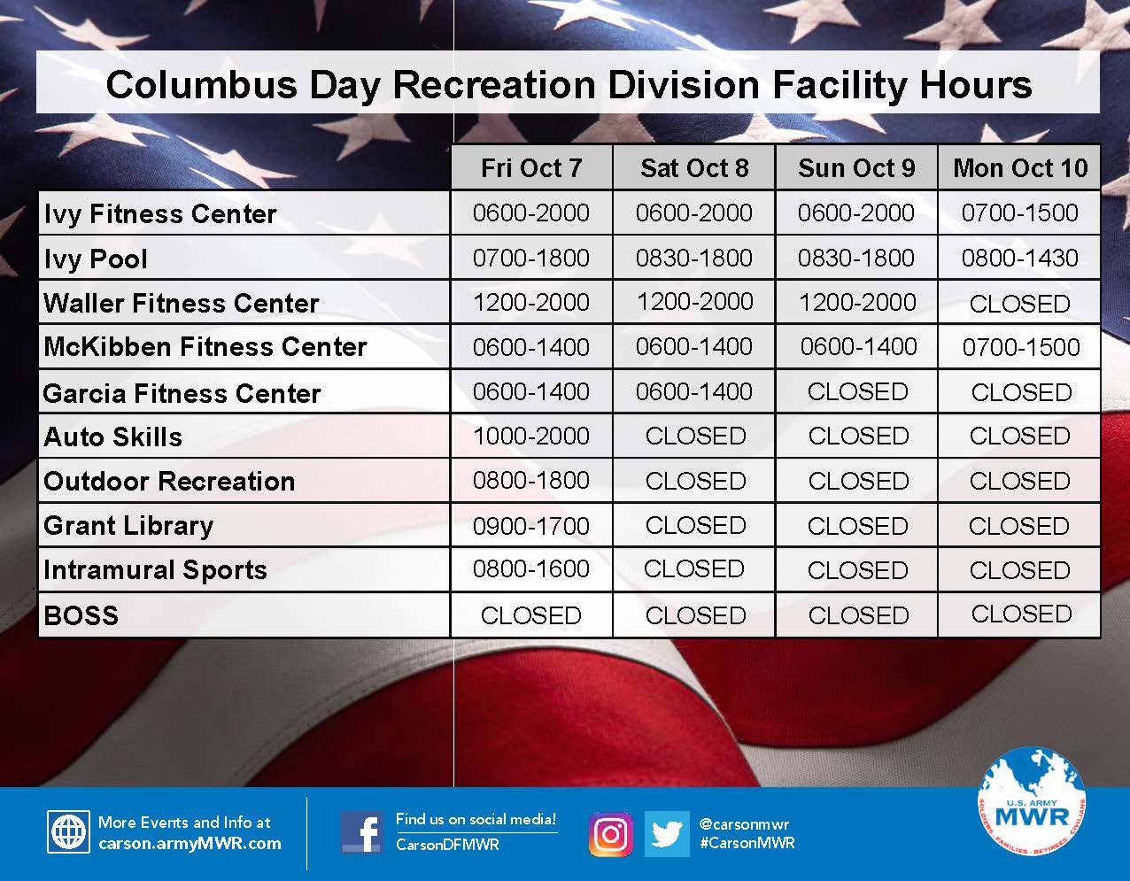 US Army Fort Carson on Twitter "Fort Carson MWR hours for the Columbus