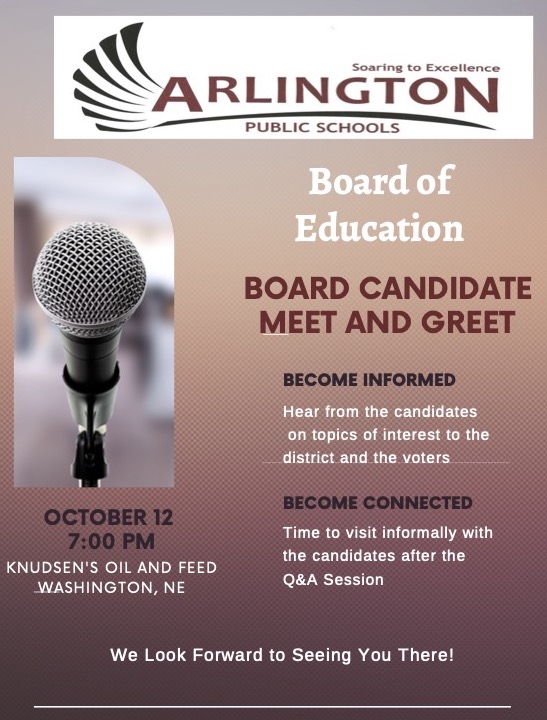 ArloEaglesSport's tweet photo. The Arlington Board of Education is hosting a meet and greet with the Board Candidates at Knudsen's Oil and Feed on October 12th at 7:00pm in Washington, NE. #BecomeInformed #BecomeConnected https://t.co/HtxUhH5lAr