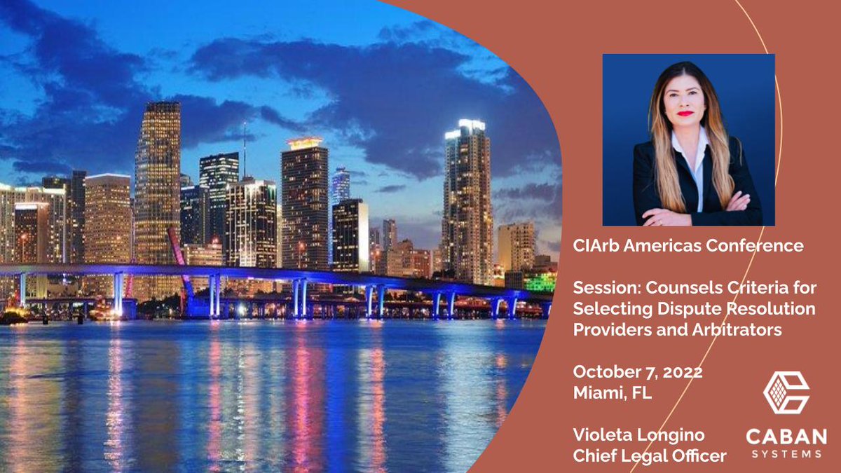Caban Systems (@cabansystems) on Twitter photo Announcement - Chief Legal Officer, <a href="/LonginoVioleta/">Violeta Longino</a> will speak at the first ever @CIArb Americas Conference. She will join the Counsels Criteria for Selecting Dispute Resolution Providers and Arbitrators session. To register: bit.ly/3rvsSn2
You won't want to miss it! Announcement - Chief Legal Officer, <a href="/LonginoVioleta/">Violeta Longino</a> will speak at the first ever @CIArb Americas Conference. She will join the Counsels Criteria for Selecting Dispute Resolution Providers and Arbitrators session. To register: bit.ly/3rvsSn2
You won't want to miss it!