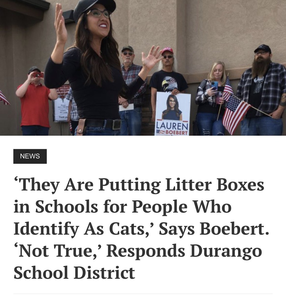 KFILE's tweet photo. In Colorado, Lauren Boebert is now claiming that schools have litter boxes for students who dress up as cats. https://t.co/4zfYZPjoFl https://t.co/F51mP3KbfE