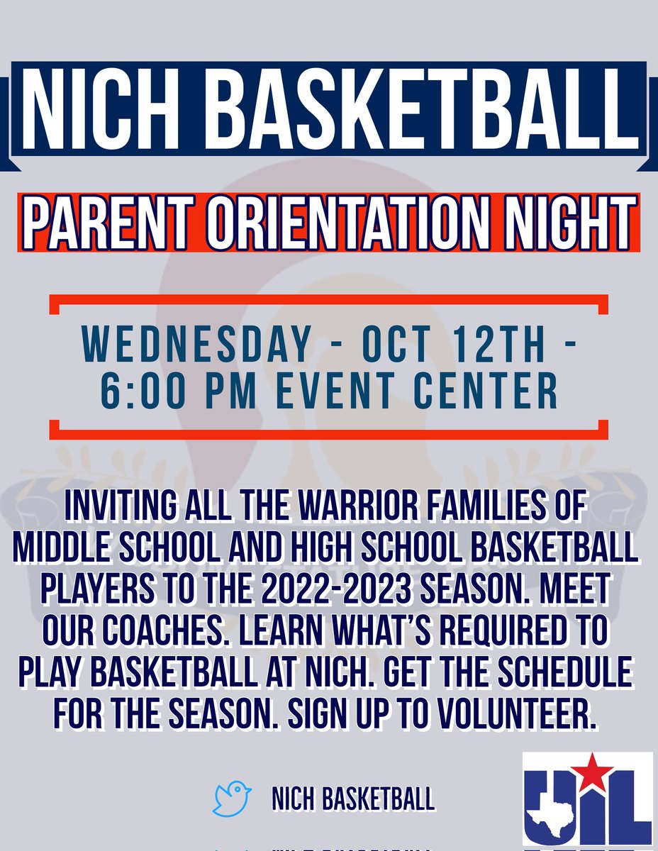 NICHBasketball's tweet photo. It's time! Bball Season is almost here! 📢Inviting all NICH Basketball Families to our Annual BBall Parent Orientation Night🗓️
#DTC https://t.co/RiM1yrjzJt