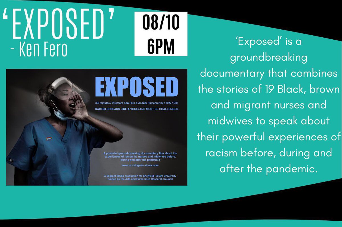 dee_visuale's tweet photo. EXPOSED 
Saturday 8th October 
Broadway Plaza 
Check the flyer for details 
@VicParkFilms 😉
#film #documentary #socialimpact #blackexperience #nurses #midwives https://t.co/6AT020De7m