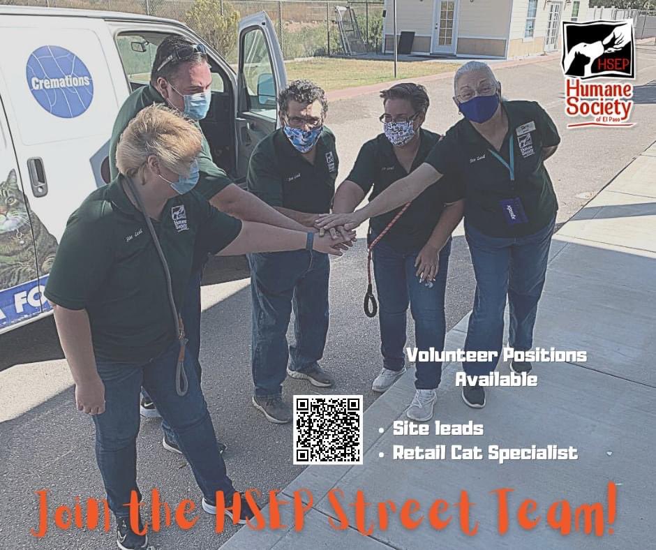 humanesocietyep's tweet photo. Join our Street Team!

We are looking for volunteers passionate about helping our residents find their fur-ever homes! Our Street Team has positions open for:
             
-Site Leads:  Volunteers that are trained to run off-site adoption events. https://t.co/k69m0Ub0bp