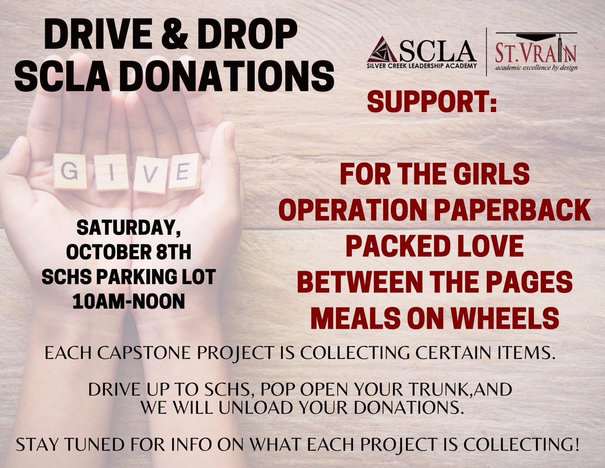 SilverCreekLA's tweet image. This Saturday! SCLA Capstone Projects are kicking off some of their collection drives for organizations with our DRIVE &amp;amp; DROP Event!  You pull up into the school parking lot, pop the trunk, &amp;amp; we unload your donation! Easy peasy to #MakeADifference @SilverCreek_HS @SVVSD