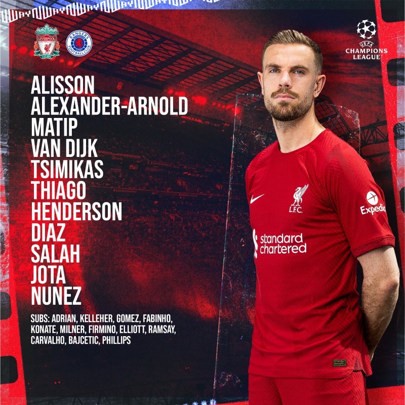 LFC's tweet photo. ⭐ TEAM NEWS ⭐

How we line up to face @RangersFC tonight in the #UCL!