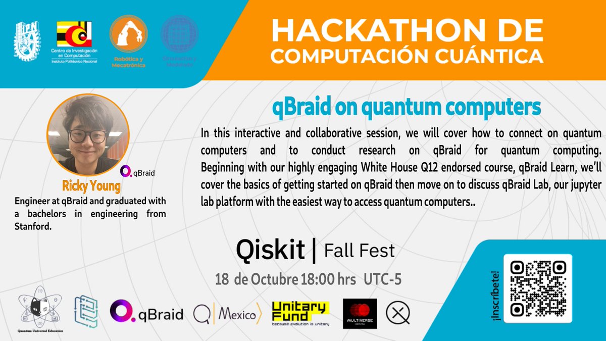QuantUniEd's tweet photo. More workshops for the #Qiskit #fallFest #Mexico,
https://t.co/Uj6V1WFjCV
and these speakers are organizing two #hackathons
@qbraid_official
#HAQS (https://t.co/pJ7XSvKYsY)
&
Qiskit fall Fest #Colombia
#computacióncuántica #computing #gratis
#computación #cuántica #online https://t.co/K03nj4YKsZ