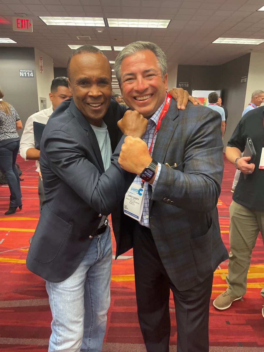 Sugar Ray Leonard (Olympic Winner and World Famous Boxing Champion) teaching Chris Santy the Uppercut. 

#nacs2022 #nacs #patriotcapital #petroleumequipment #equipmentfinance