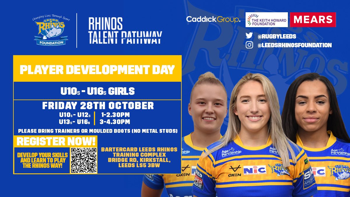 𝐆𝐈𝐑𝐋𝐒 𝐃𝐄𝐕𝐄𝐋𝐎𝐏𝐌𝐄𝐍𝐓 𝐃𝐀𝐘 🏉 We're delighted to announce a RTP Player Development Day for all U10s-U16s Girls during October half term! Come enjoy free first class coaching from @LoisForsell and the @leedsrhinos Women team! BOOK NOW ➡️ tinyurl.com/3s5ezb72