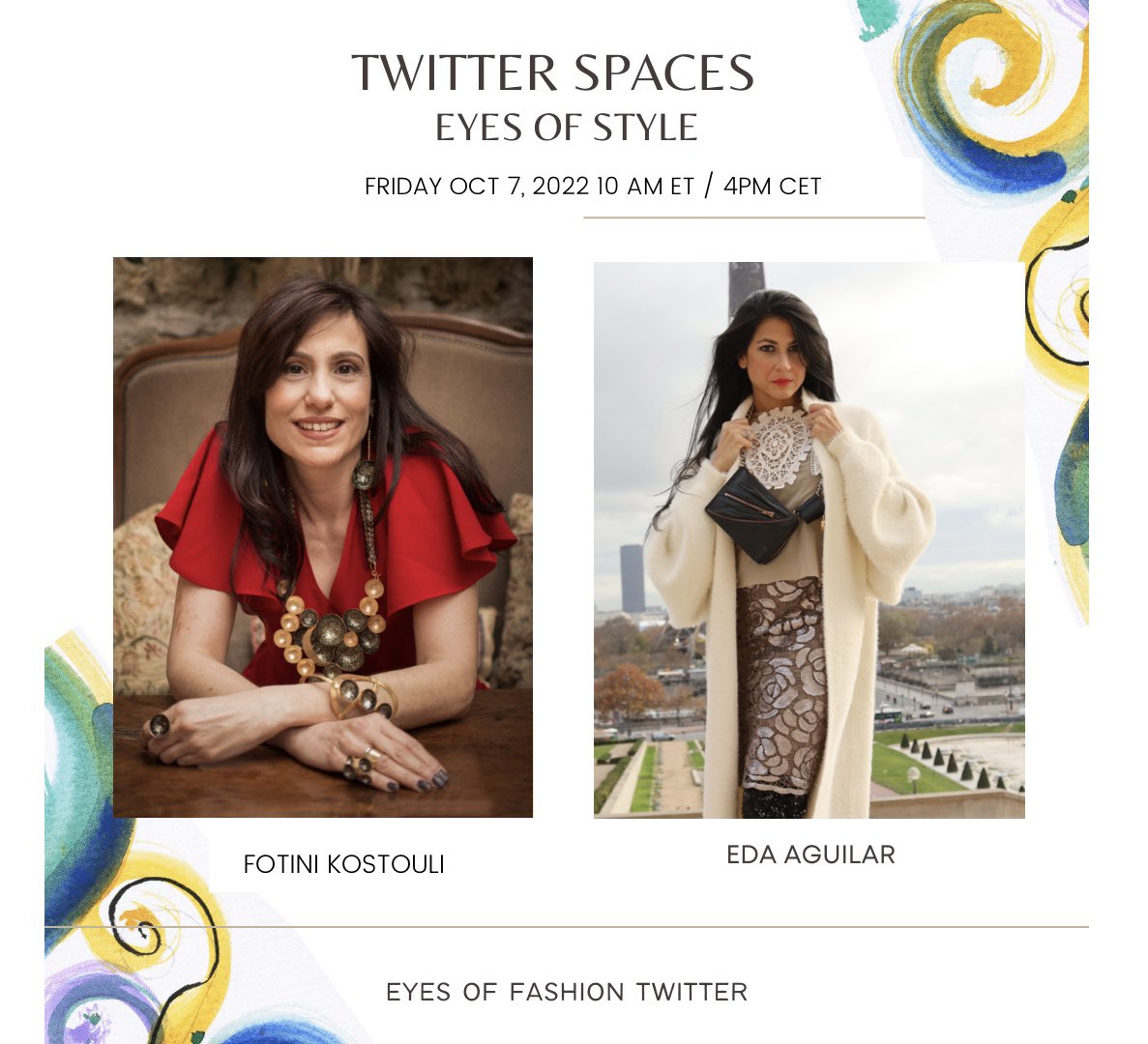 EyesoFashionNFT's tweet photo. Eyes of Style TS this Friday! With @aelia_selection Accessories Designer from Greece! Special surprise for the attendants! https://t.co/6W9OF6uDVH