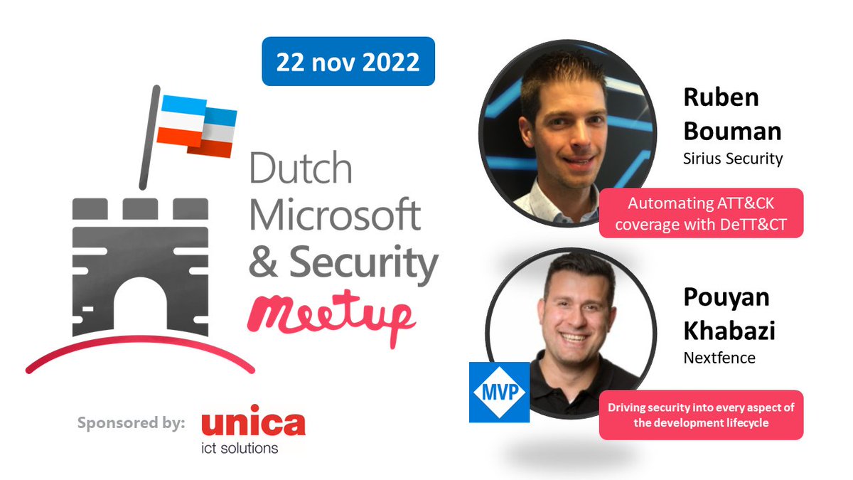 Volgende #DutchSecMeetup: 22 november

👉 <a href="/rubinatorz/">Ruben Bouman</a> "Automating ATT&amp;CK coverage"
👉 <a href="/PKhabazi/">Pouyan Khabazi | MVP</a> #MVP "Secure development lifecycle"

💙 Meld je gratis aan: meetup.com/microsoft-secu…