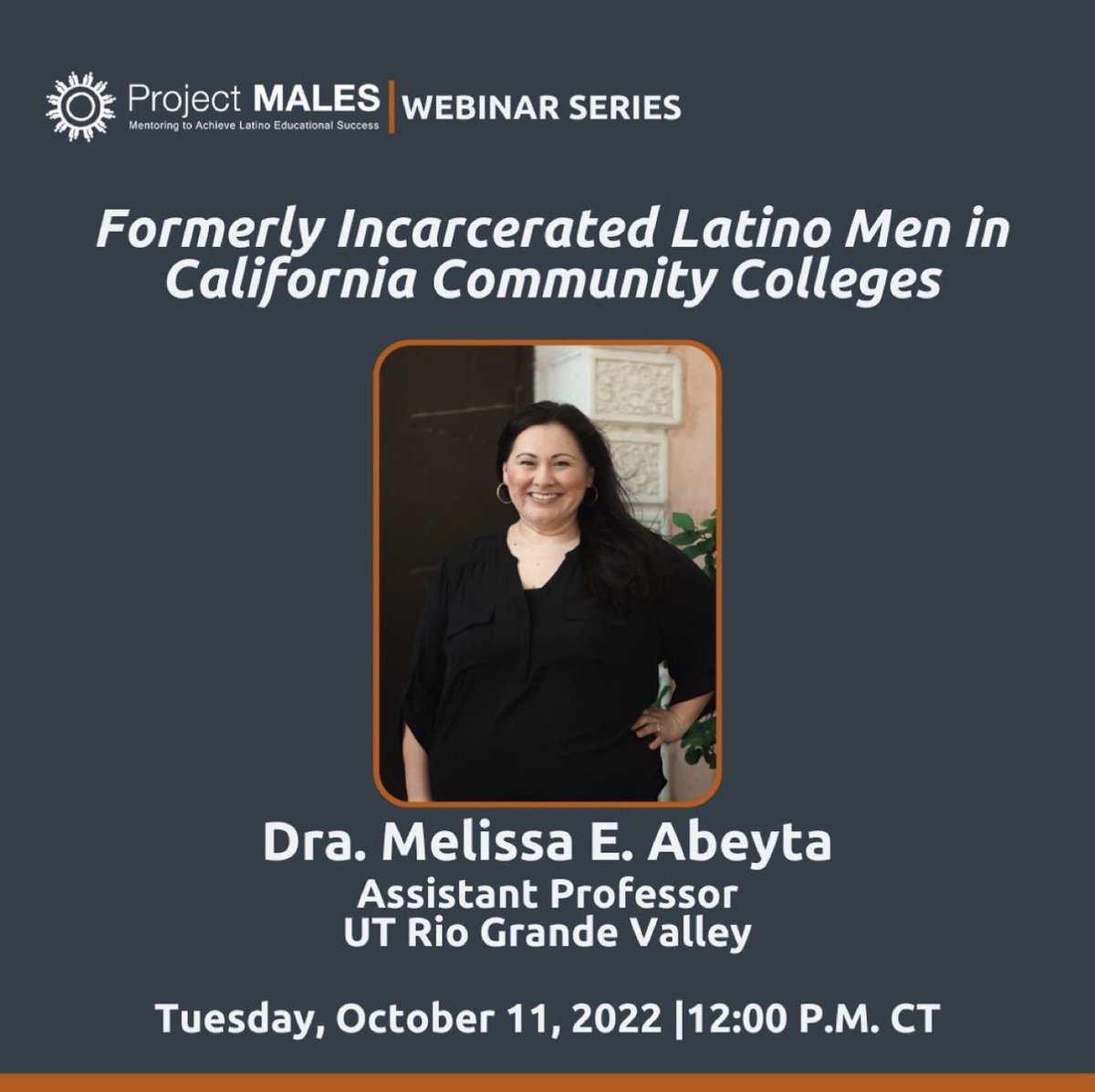 MelissaAbeyta's tweet photo. Join me next Tuesday, October 11th for the University of Texas Austin @ProjectMALES webinar at 12pm CST. Register for this free webinar at https://t.co/PYFl3cOwgN
#formerlyincarcerated #systemimpacted #communitycollege #highered https://t.co/lfuINEYWbA